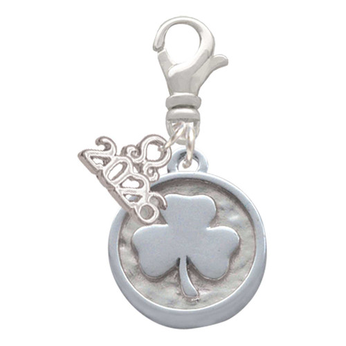 Silver Plated Shamrock - Round Seal - Silver Plated Clip on Charm with Mini Year 2026: Year to Remember Jewelry Gift - Celebrations