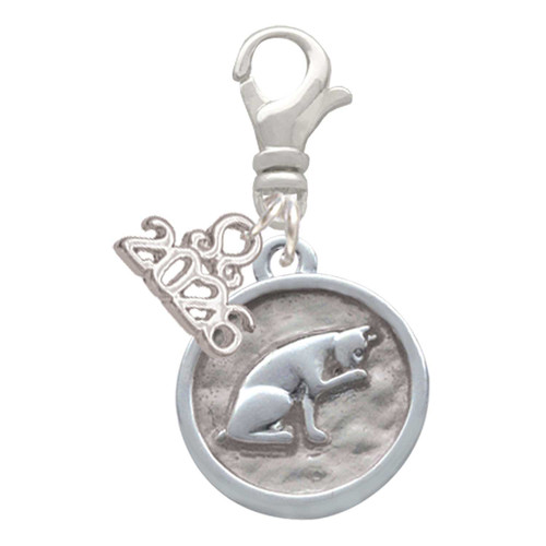 Silver Plated Sitting Cat - Round Seal - Silver Plated Clip on Charm with Mini Year 2026: Year to Remember Jewelry Gift - Celebrations
