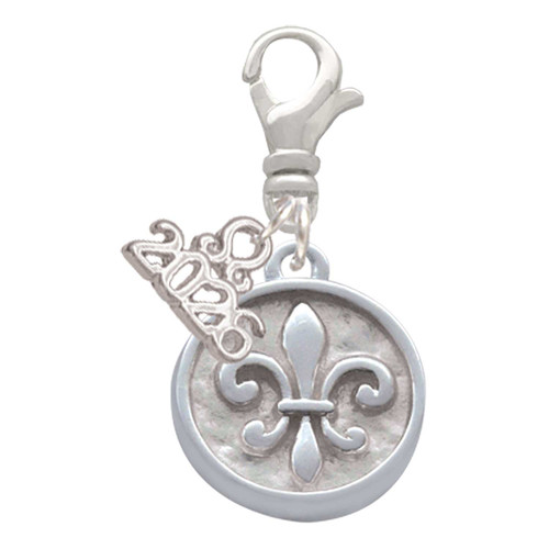 Silver Plated Fleur di Lis - Round Seal - Silver Plated Clip on Charm with Mini Year 2026: Year to Remember Jewelry Gift - Celebrations