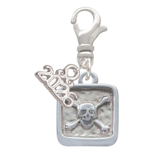 Silver Plated Skull and Bones - Square Seal - Silver Plated Clip on Charm with Mini Year 2026: Year to Remember Jewelry Gift - Celebrations