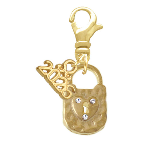 Gold-tone Hammered Lock with Heart Crystals - Gold-tone Plated Clip on Charm with Mini Year 2026: Year to Remember Jewelry Gift - Celebrations