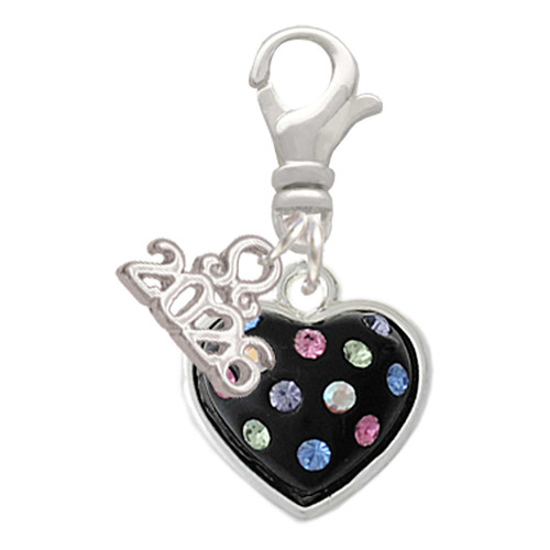 Silver Plated Black Resin Heart with Tropical Crystals - Silver Plated Clip on Charm with Mini Year 2026: Year to Remember Jewelry Gift - Celebrations