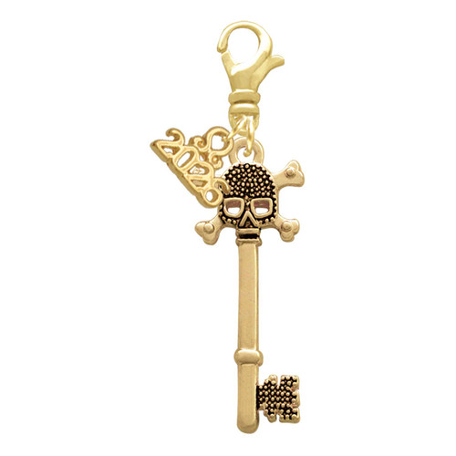 Gold-tone Antiqued Beaded Skull Key - Gold-tone Plated Clip on Charm with Mini Year 2026: Year to Remember Jewelry Gift - Celebrations