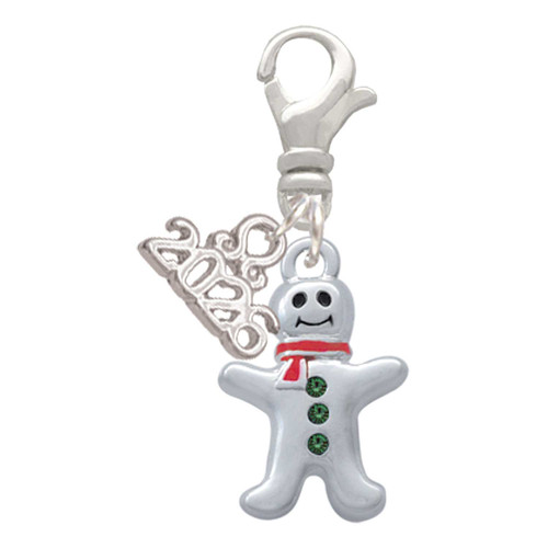 Silver Plated Gingerbread Man with Red Scarf - Silver Plated Clip on Charm with Mini Year 2026: Year to Remember Jewelry Gift - Celebrations