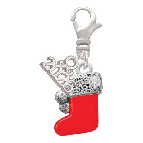 Silver Plated 3-D Red Christmas Stocking - Silver Plated Clip on Charm with Mini Year 2026: Year to Remember Jewelry Gift - Celebrations