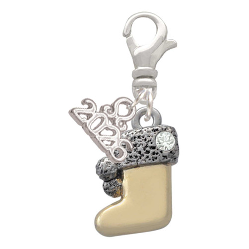 Two-tone 3-D Stocking with Clear Crystal - Silver Plated Clip on Charm with Mini Year 2026: Year to Remember Jewelry Gift - Celebrations
