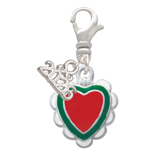 Red, Green Heart with White Ruffles - Silver Plated Clip on Charm with Mini Year 2026: Year to Remember Jewelry Gift - Celebrations
