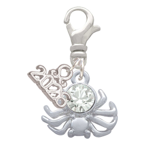 Silver Plated 3-D Clear Crystal Spider - Silver Plated Clip on Charm with Mini Year 2026: Year to Remember Jewelry Gift - Celebrations