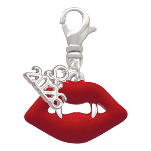 Silver Plated Red Enamel Vampire Lips - Silver Plated Clip on Charm with Mini Year 2026: Year to Remember Jewelry Gift - Celebrations