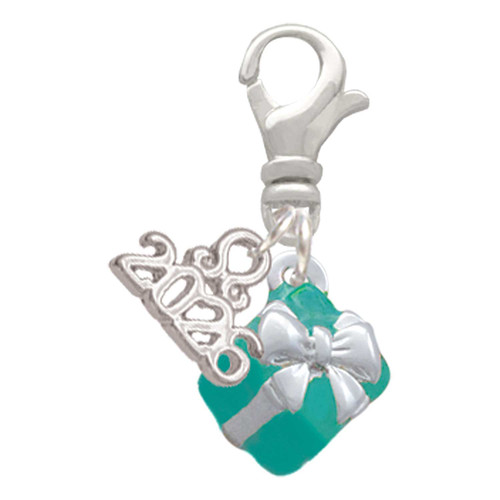 Silver Plated Small 3-D Teal Present with Bow - Silver Plated Clip on Charm with Mini Year 2026: Year to Remember Jewelry Gift - Celebrations