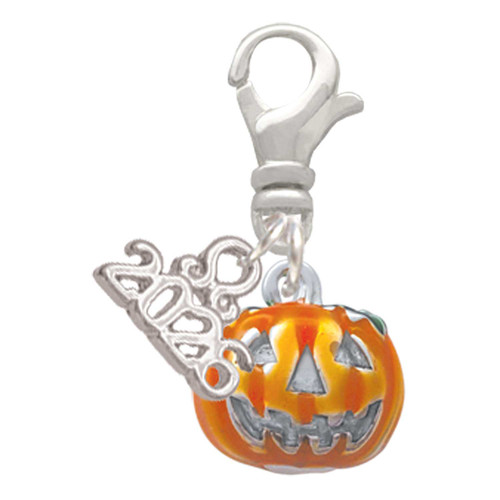 Silver Plated Small Orange Jack O'Lantern with Stem - Silver Plated Clip on Charm with Mini Year 2026: Year to Remember Jewelry Gift - Celebrations