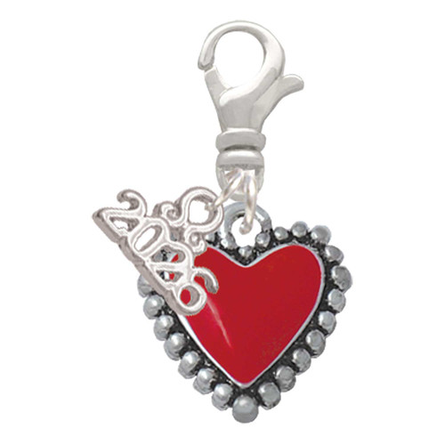Silver Plated Red Heart with Beaded Border - Silver Plated Clip on Charm with Mini Year 2026: Year to Remember Jewelry Gift - Celebrations