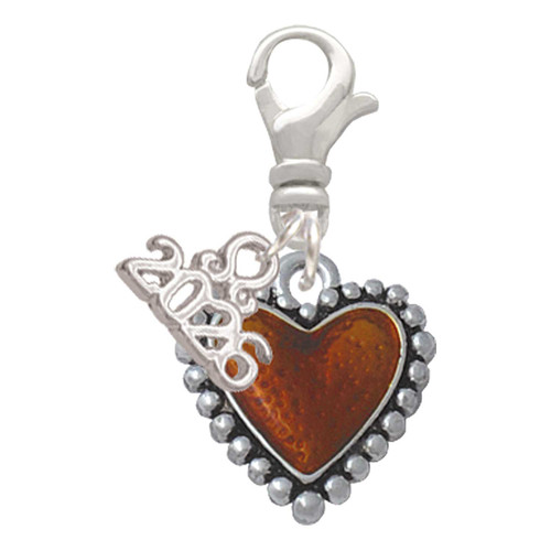 Silver Plated Translucent Brown Heart with Beaded Border - Silver Plated Clip on Charm with Mini Year 2026: Year to Remember Jewelry Gift - Celebrations