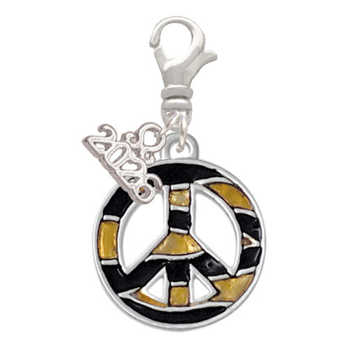 Silver Plated Large Brown Tiger Print Peace Sign - Silver Plated Clip on Charm with Mini Year 2026: Year to Remember Jewelry Gift - Celebrations