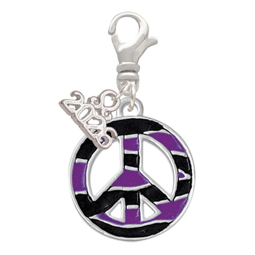 Silver Plated Large Purple Tiger Print Peace Sign - Silver Plated Clip on Charm with Mini Year 2026: Year to Remember Jewelry Gift - Celebrations