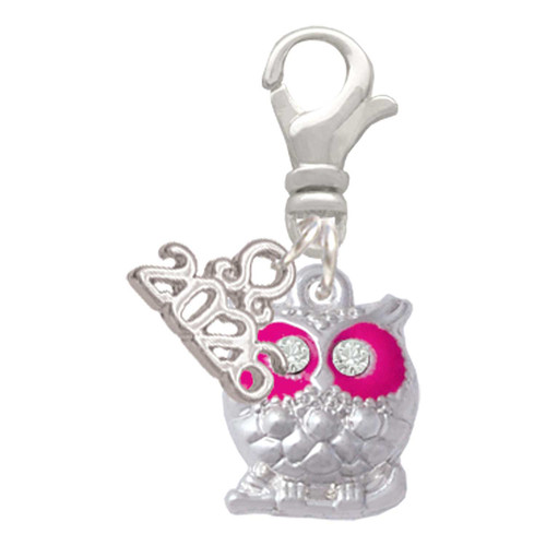 Silver Plated Owl with Hot Pink & Clear Crystal Eyes - Silver Plated Clip on Charm with Mini Year 2026: Year to Remember Jewelry Gift - Celebrations