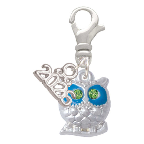 Silver Plated Owl with Hot Blue & Lime Green Crystal Eyes - Silver Plated Clip on Charm with Mini Year 2026: Year to Remember Jewelry Gift - Celebrations