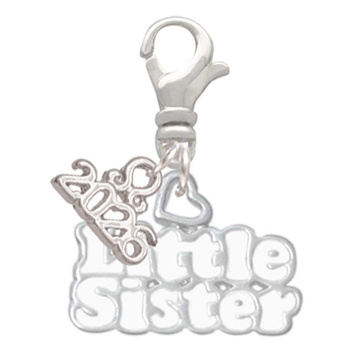 White ''Little Sister'' with Heart - Silver Plated Clip on Charm with Mini Year 2026: Year to Remember Jewelry Gift - Celebrations