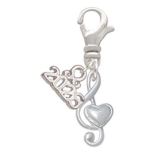 Silver Plated Medium Clef with Heart - Silver Plated Clip on Charm with Mini Year 2026: Year to Remember Jewelry Gift - Celebrations