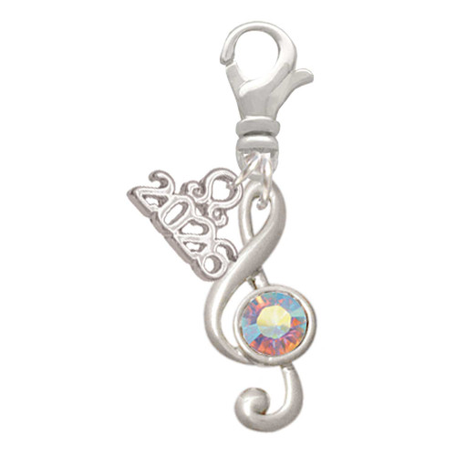 Silver Plated Medium Clef with AB Crystal - Silver Plated Clip on Charm with Mini Year 2026: Year to Remember Jewelry Gift - Celebrations
