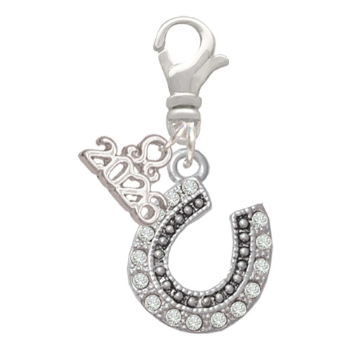 Gold-tone Beaded Clear Crystal Horseshoe with Good Luck - Silver Plated Clip on Charm with Mini Year 2026: Year to Remember Jewelry Gift - Celebrations