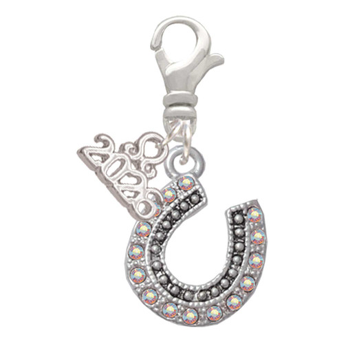 Silver Plated Beaded Clear AB Crystal Horseshoe with Good Luck - Silver Plated Clip on Charm with Mini Year 2026: Year to Remember Jewelry Gift - Celebrations
