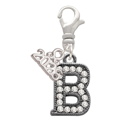 Black Nickeltone Crystal Initial - B - Beaded Border - Silver Plated Clip on Charm with Mini Year 2026: Year to Remember Jewelry Gift - Celebrations