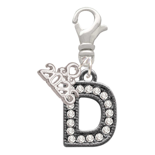 Black Nickeltone Crystal Initial - D - Beaded Border - Silver Plated Clip on Charm with Mini Year 2026: Year to Remember Jewelry Gift - Celebrations