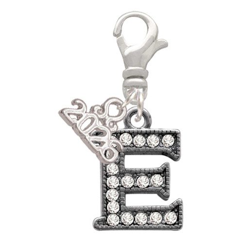 Black Nickeltone Crystal Initial - E - Beaded Border - Silver Plated Clip on Charm with Mini Year 2026: Year to Remember Jewelry Gift - Celebrations