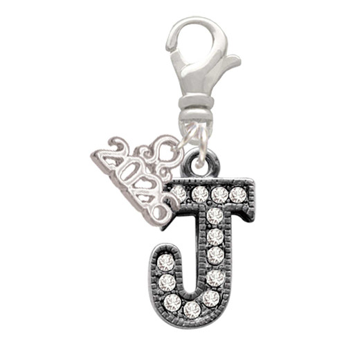 Black Nickeltone Crystal Initial - J - Beaded Border - Silver Plated Clip on Charm with Mini Year 2026: Year to Remember Jewelry Gift - Celebrations