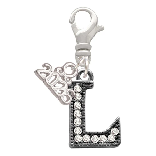 Black Nickeltone Crystal Initial - L - Beaded Border - Silver Plated Clip on Charm with Mini Year 2026: Year to Remember Jewelry Gift - Celebrations