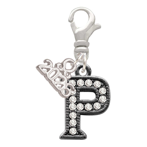 Black Nickeltone Crystal Initial - P - Beaded Border - Silver Plated Clip on Charm with Mini Year 2026: Year to Remember Jewelry Gift - Celebrations
