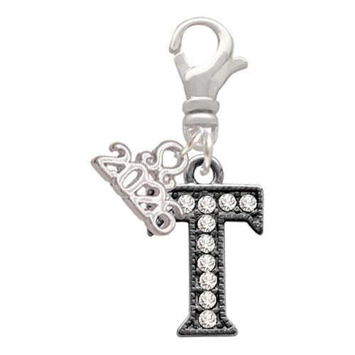 Black Nickeltone Crystal Initial - T - Beaded Border - Silver Plated Clip on Charm with Mini Year 2026: Year to Remember Jewelry Gift - Celebrations