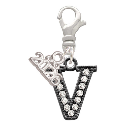Black Nickeltone Crystal Initial - V - Beaded Border - Silver Plated Clip on Charm with Mini Year 2026: Year to Remember Jewelry Gift - Celebrations