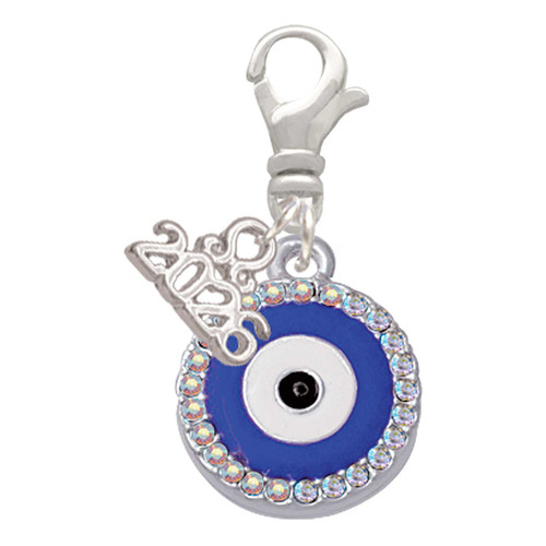Silver Plated Large Blue Evil Eye with AB Crystal Border - Silver Plated Clip on Charm with Mini Year 2026: Year to Remember Jewelry Gift - Celebrations