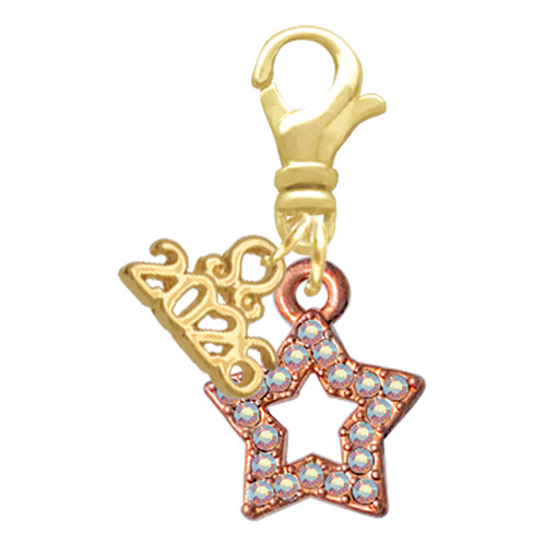 Rose Gold-tone AB Crystal Lucky Star - Gold-tone Plated Clip on Charm with Mini Year 2026: Year to Remember Jewelry Gift - Celebrations