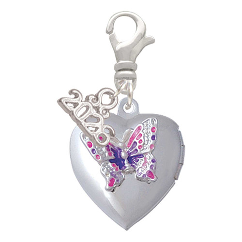 Silver Plated Pink & Purple Butterfly Locket - Silver Plated Clip on Charm with Mini Year 2026: Year to Remember Jewelry Gift - Celebrations