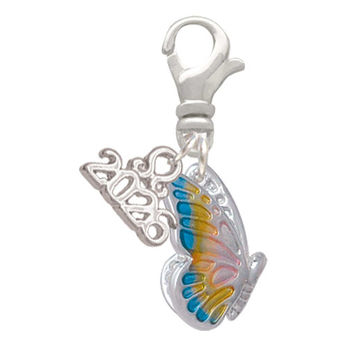 Silver Plated Translucent Pastel Flying Butterfly - Silver Plated Clip on Charm with Mini Year 2026: Year to Remember Jewelry Gift - Celebrations