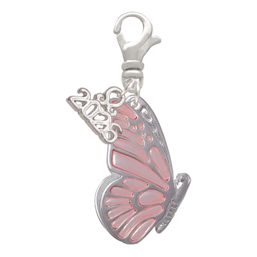Silver Plated Large Translucent Pink Flying Butterfly - Silver Plated Clip on Charm with Mini Year 2026: Year to Remember Jewelry Gift - Celebrations