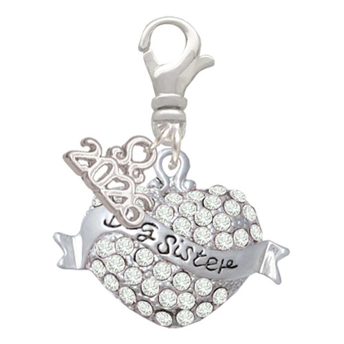 Silver Plated Big Sister Banner on Clear Crystal Heart - Silver Plated Clip on Charm with Mini Year 2026: Year to Remember Jewelry Gift - Celebrations