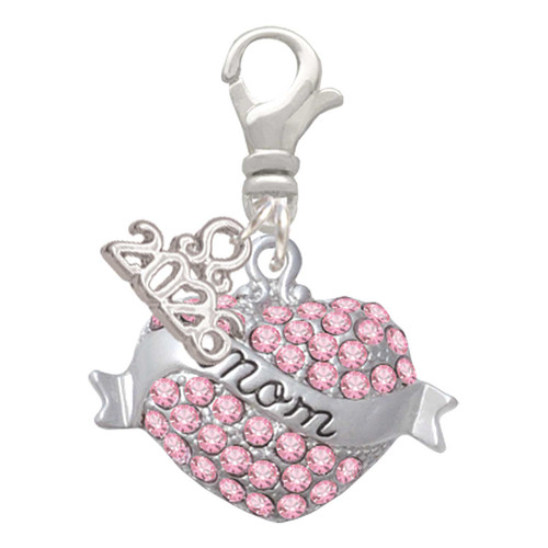 Silver Plated Mom Banner on Pink Crystal Heart - Silver Plated Clip on Charm with Mini Year 2026: Year to Remember Jewelry Gift - Celebrations