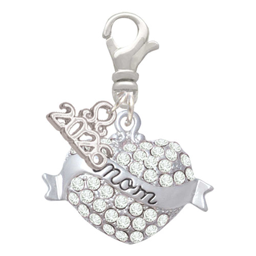 Silver Plated Mom Banner on Clear Crystal Heart - Silver Plated Clip on Charm with Mini Year 2026: Year to Remember Jewelry Gift - Celebrations