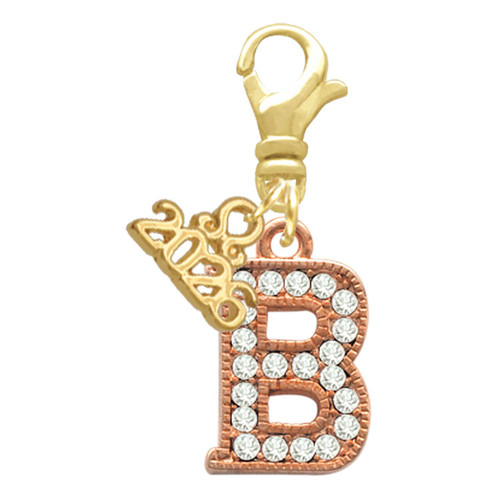 Rose Gold-tone Crystal Initial - B - Gold-tone Plated Clip on Charm with Mini Year 2026: Year to Remember Jewelry Gift - Celebrations