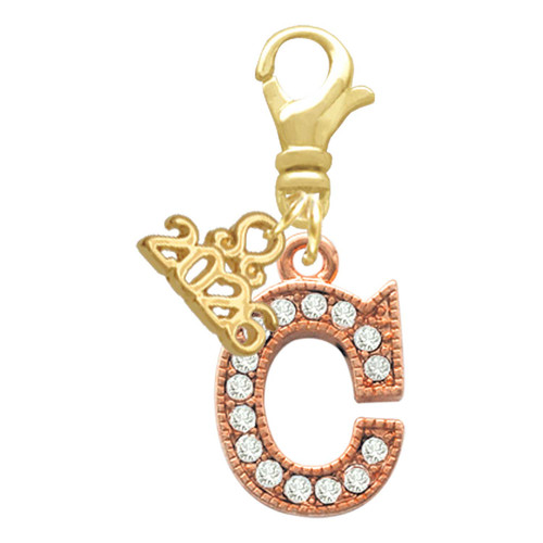 Rose Gold-tone Crystal Initial - C - Gold-tone Plated Clip on Charm with Mini Year 2026: Year to Remember Jewelry Gift - Celebrations