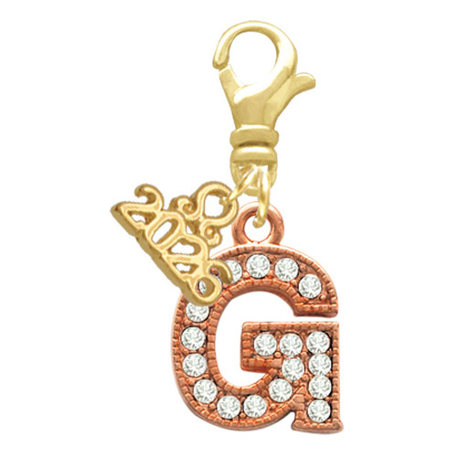 Rose Gold-tone Crystal Initial - G - Gold-tone Plated Clip on Charm with Mini Year 2026: Year to Remember Jewelry Gift - Celebrations