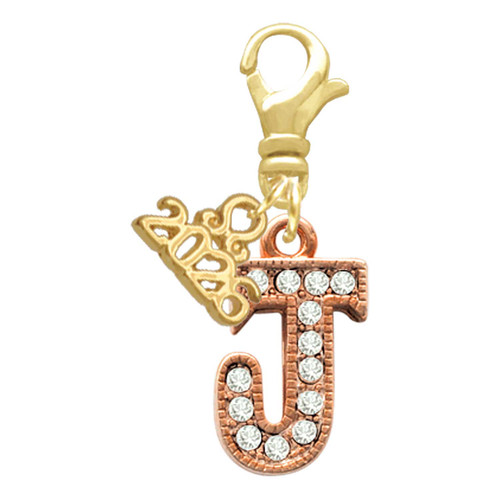 Rose Gold-tone Crystal Initial - J - Gold-tone Plated Clip on Charm with Mini Year 2026: Year to Remember Jewelry Gift - Celebrations