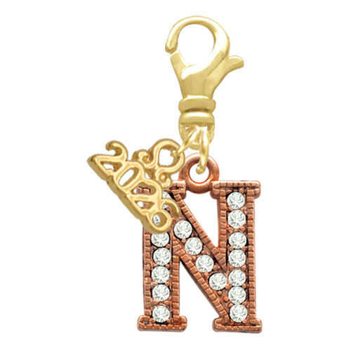 Rose Gold-tone Crystal Initial - N - Gold-tone Plated Clip on Charm with Mini Year 2026: Year to Remember Jewelry Gift - Celebrations