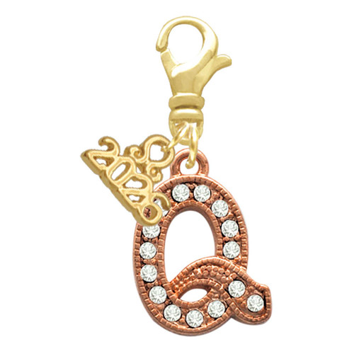 Rose Gold-tone Crystal Initial - Q - Gold-tone Plated Clip on Charm with Mini Year 2026: Year to Remember Jewelry Gift - Celebrations