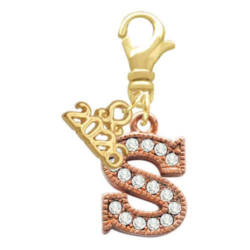 Rose Gold-tone Crystal Initial - S - Gold-tone Plated Clip on Charm with Mini Year 2026: Year to Remember Jewelry Gift - Celebrations