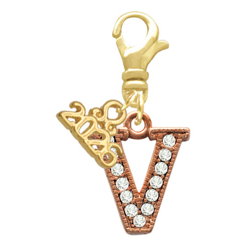 Rose Gold-tone Crystal Initial - V - Gold-tone Plated Clip on Charm with Mini Year 2026: Year to Remember Jewelry Gift - Celebrations